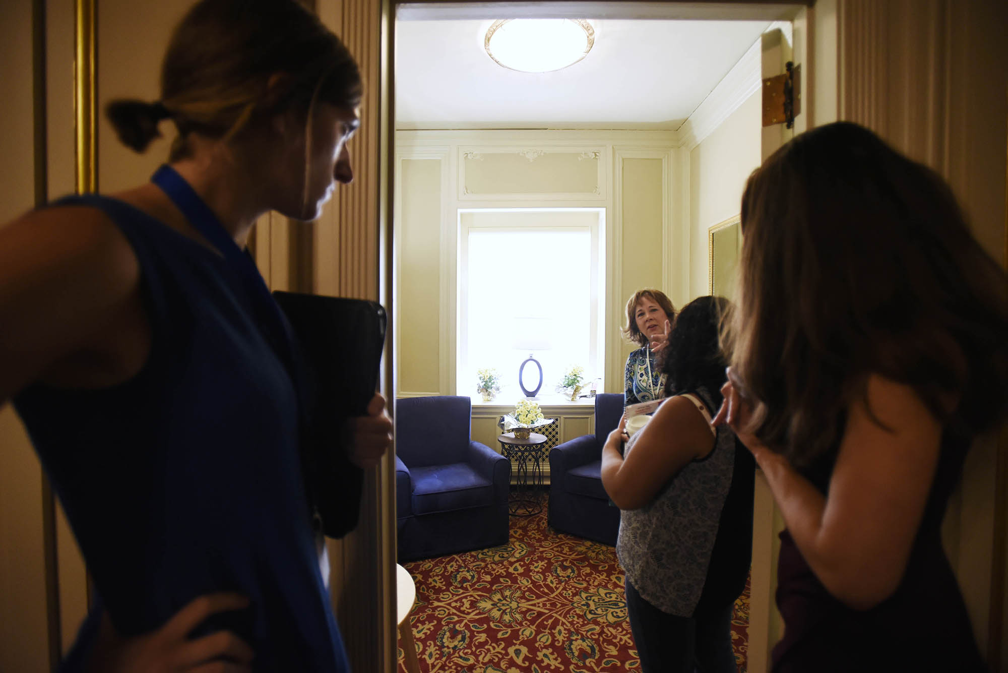 Senior director of corporate relations at Proctors Sabrina Heilmann, center, shows attendees the new lactation room for patron and employee nursing mothers during a press conference at Proctors Monday, September 18, 2017. The space is sponsored and made possible by St. Peter's Health Partners.